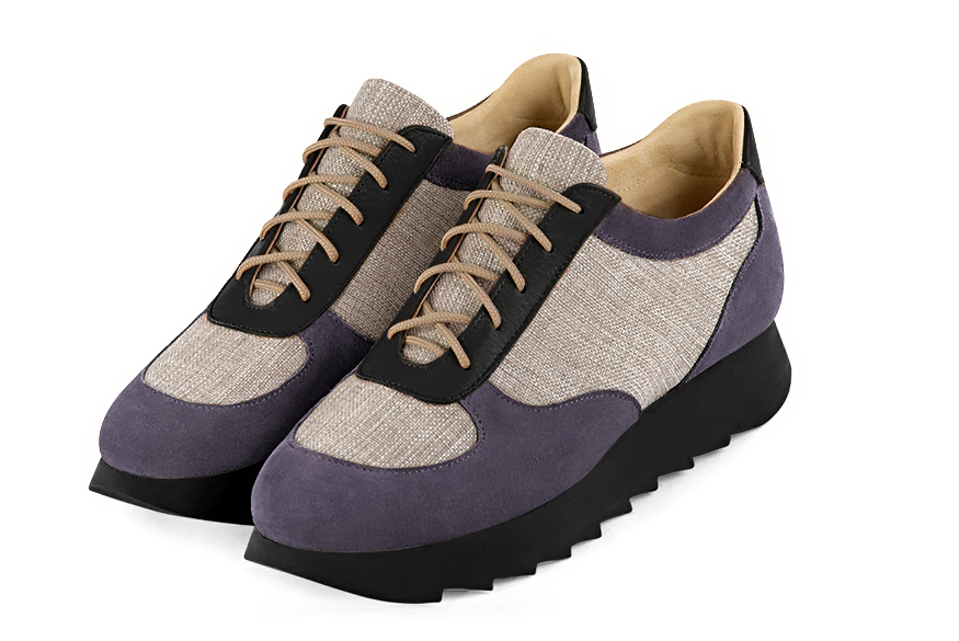 Women's lavender purple and satin black elegant sneakers. Round toe. Thick rubber soles - Front view